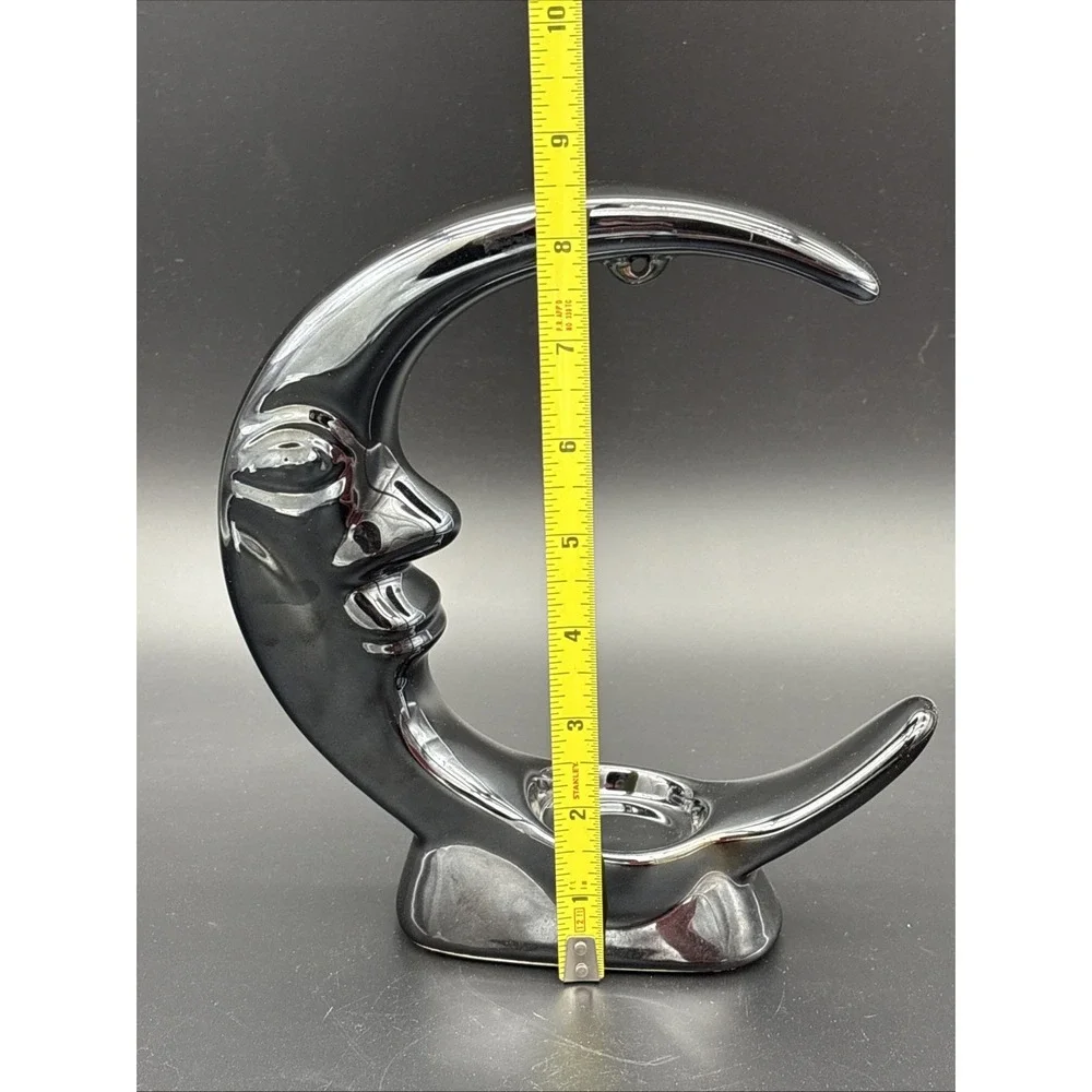Vintage 90s Whimsigoth Metallic Black Ceramic Crescent Moon Sphere Stand/Candle